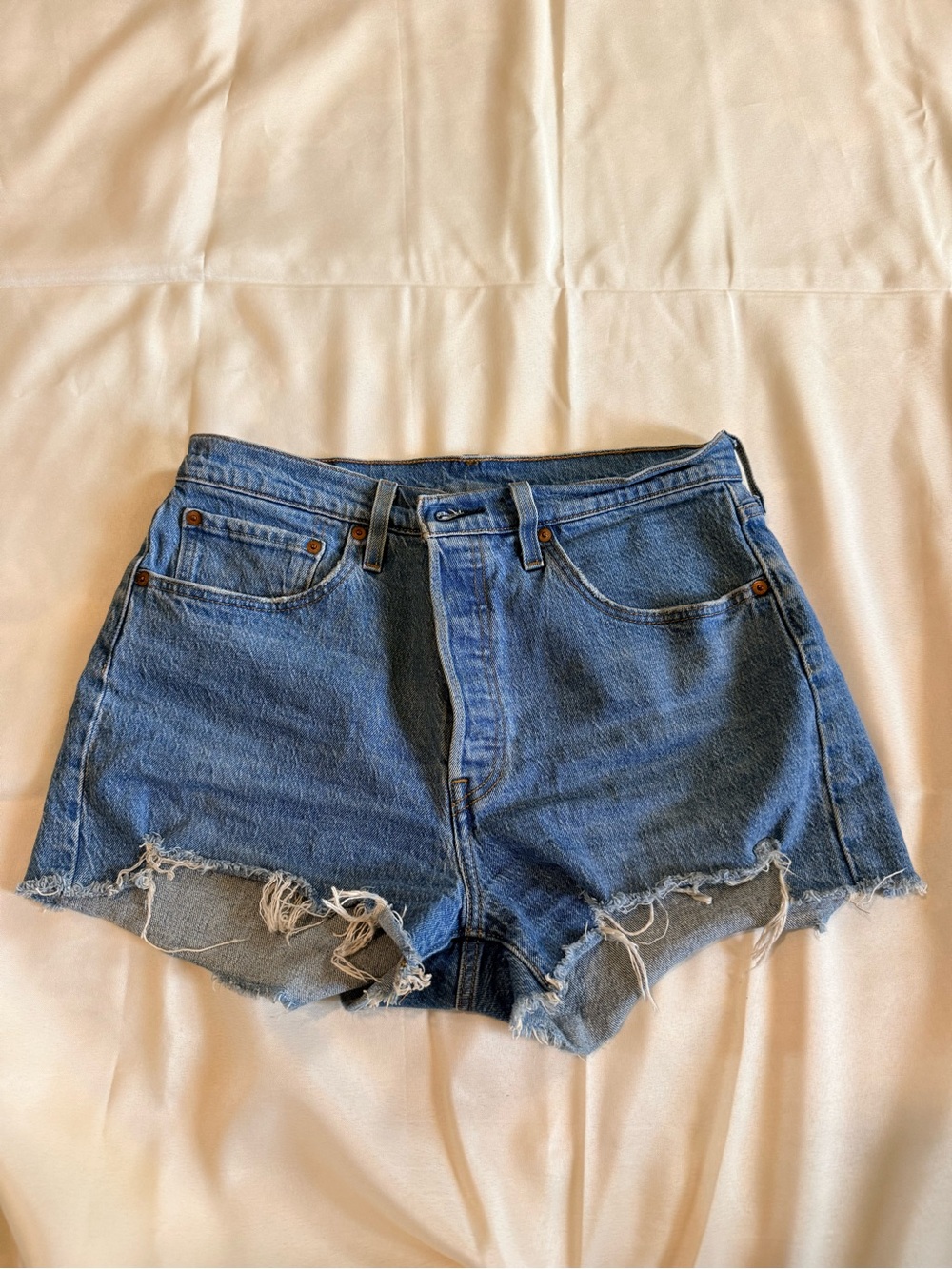 High-Rise Frayed Hem Blue Denim Jean Shorts